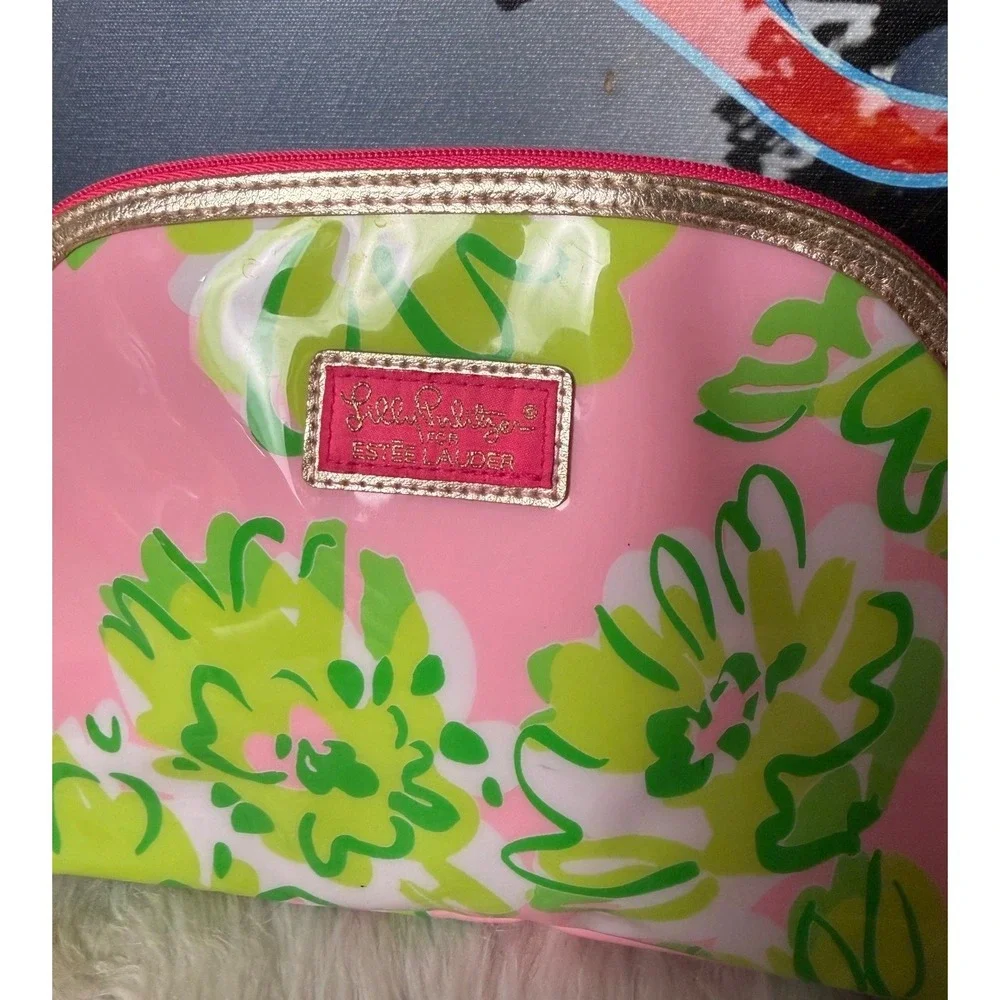 Lilly Pulitzer Estee Lauder Cosmetic Bag Pink Green Floral Makeup Pouch Dome Zip